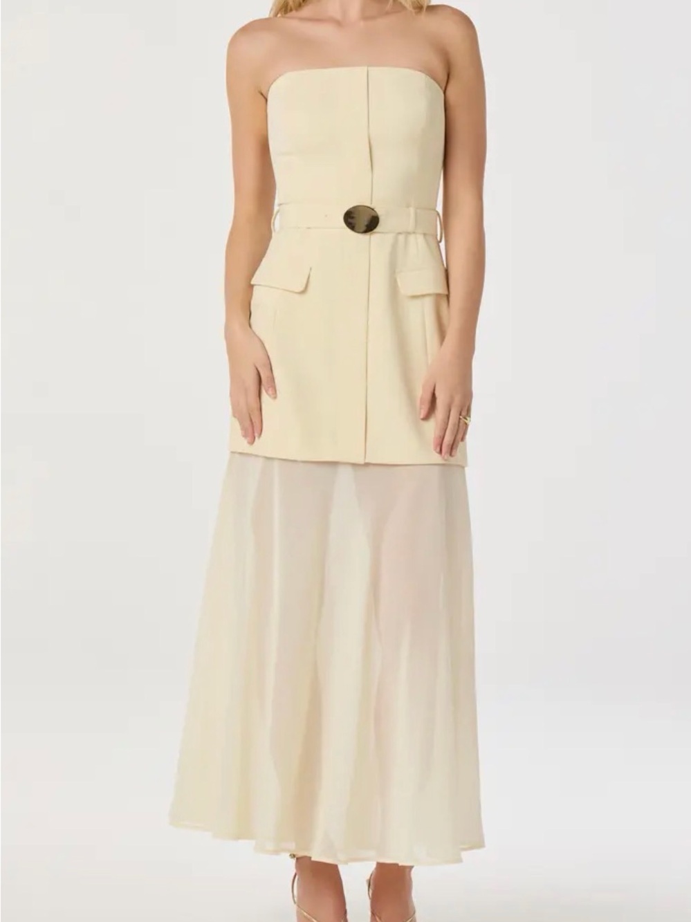 ASTR the label - Strapless Mixed Media Belted Midi Dress in Buttercream colorNWT